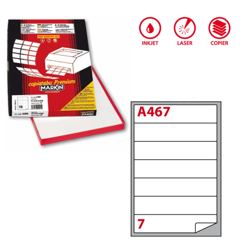 Etichette adesive A/467 - in carta - permanenti - 190 x 38 mm - 7 et/fg - 100 fogli - bianco - angoli tondi - Markin